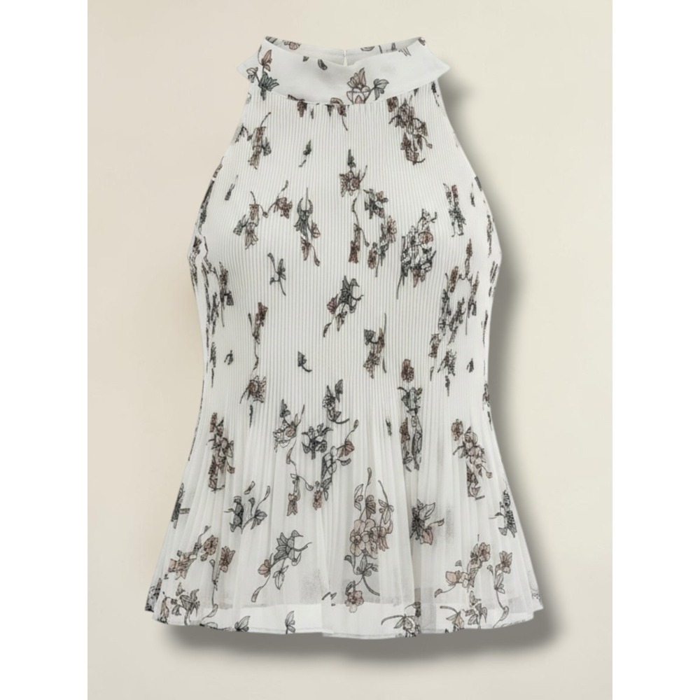 1.STATE White Floral Pleated Halter Top Mock Neck Tie‎ Back Blouse Womens Medium
